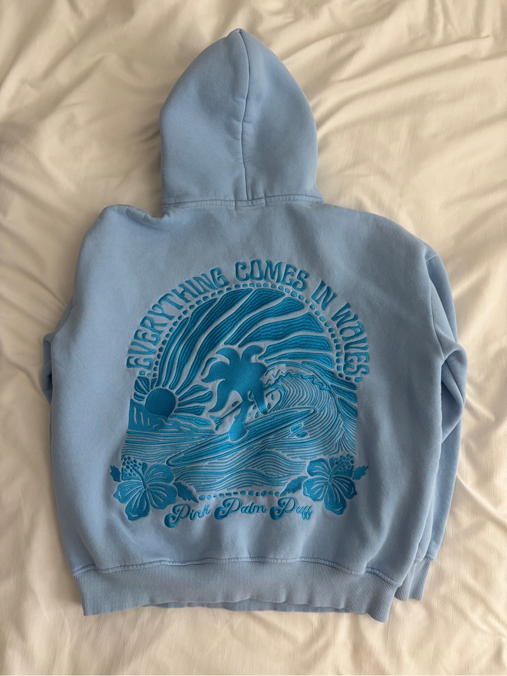 Pink Palm Puff “Everything Comes in Waves” Hoodie - Size Medium - Blue Embroider - Picture 6 of 6